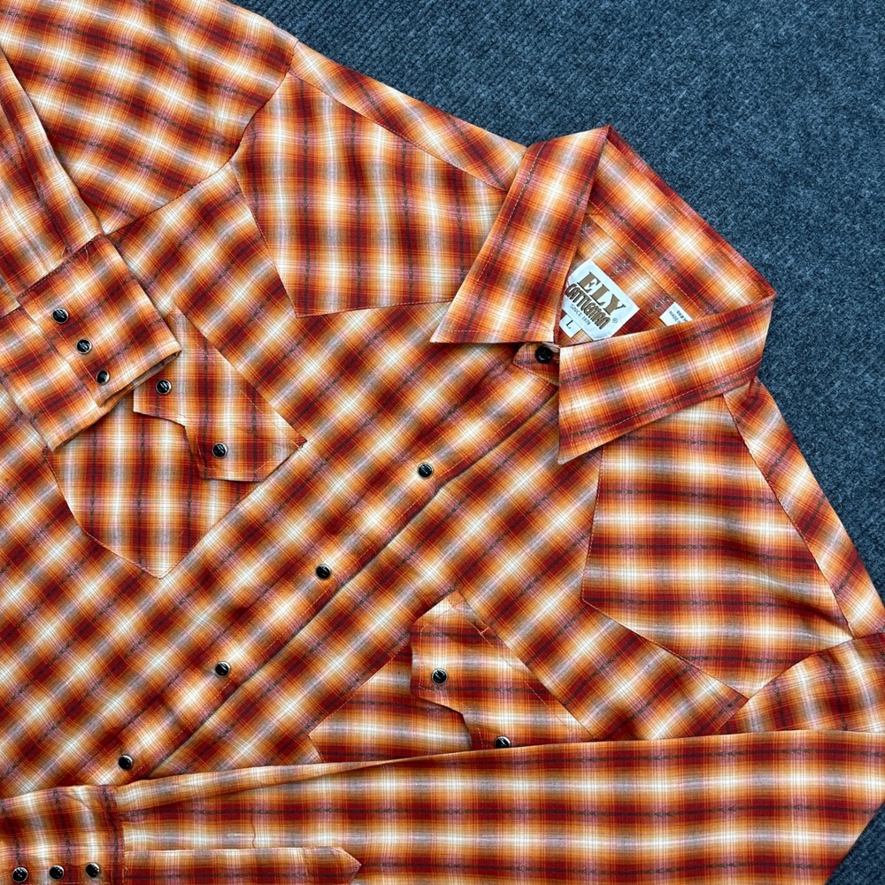 Ely Cattleman Western Shirt Orange Plaid Pearl Snap Men Large Vintage Cowboy Y2K